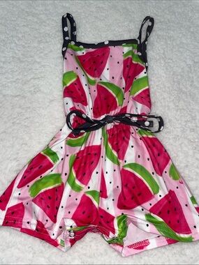 Pink Watermelon Print Romper with Polka Dot Trim